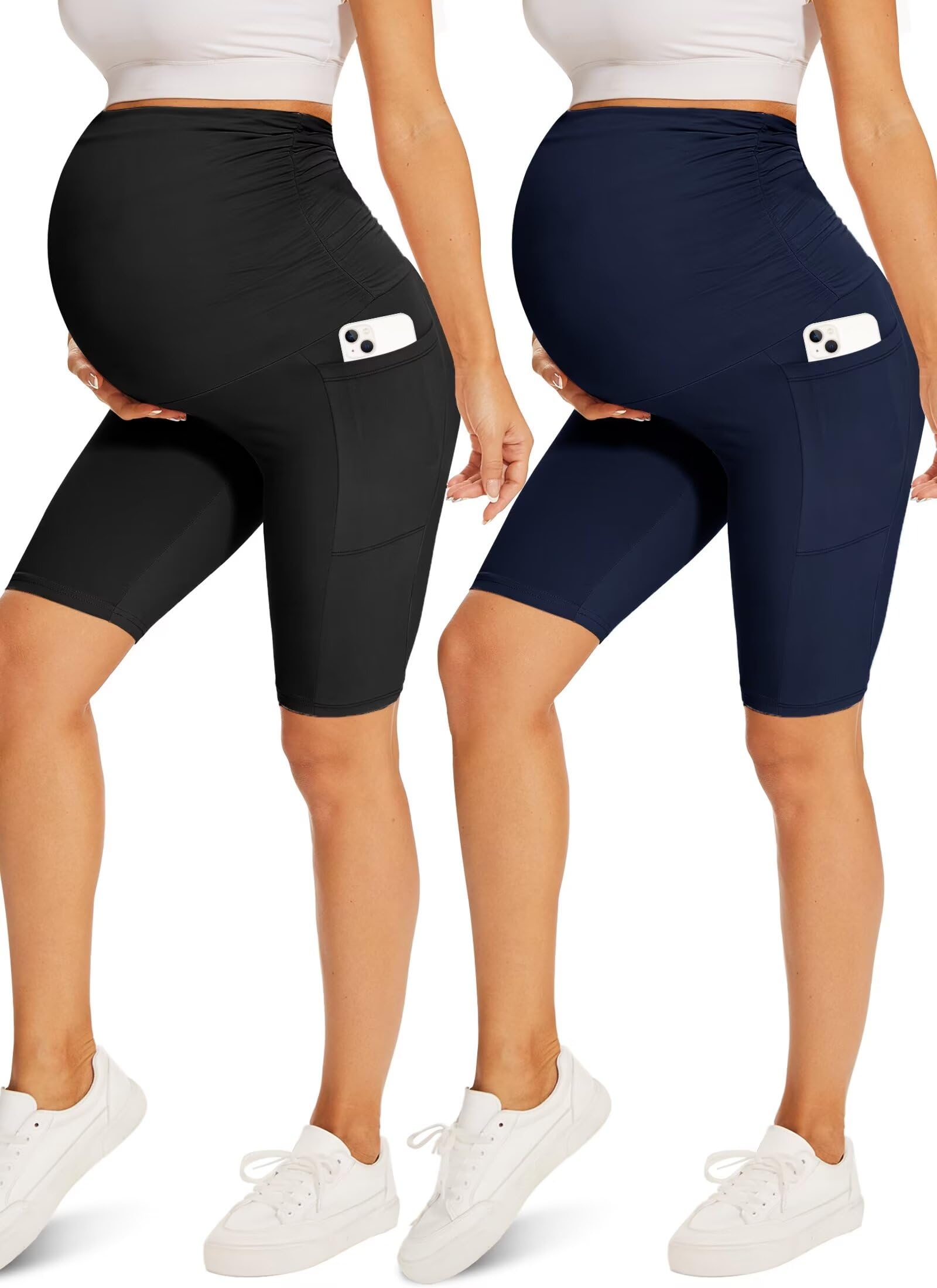 Fotociti Pantalones cortos de maternidad con bolsillos sobre el vientre, 8 pulgadas, para embarazo, ciclista, yoga, entrenamiento activo