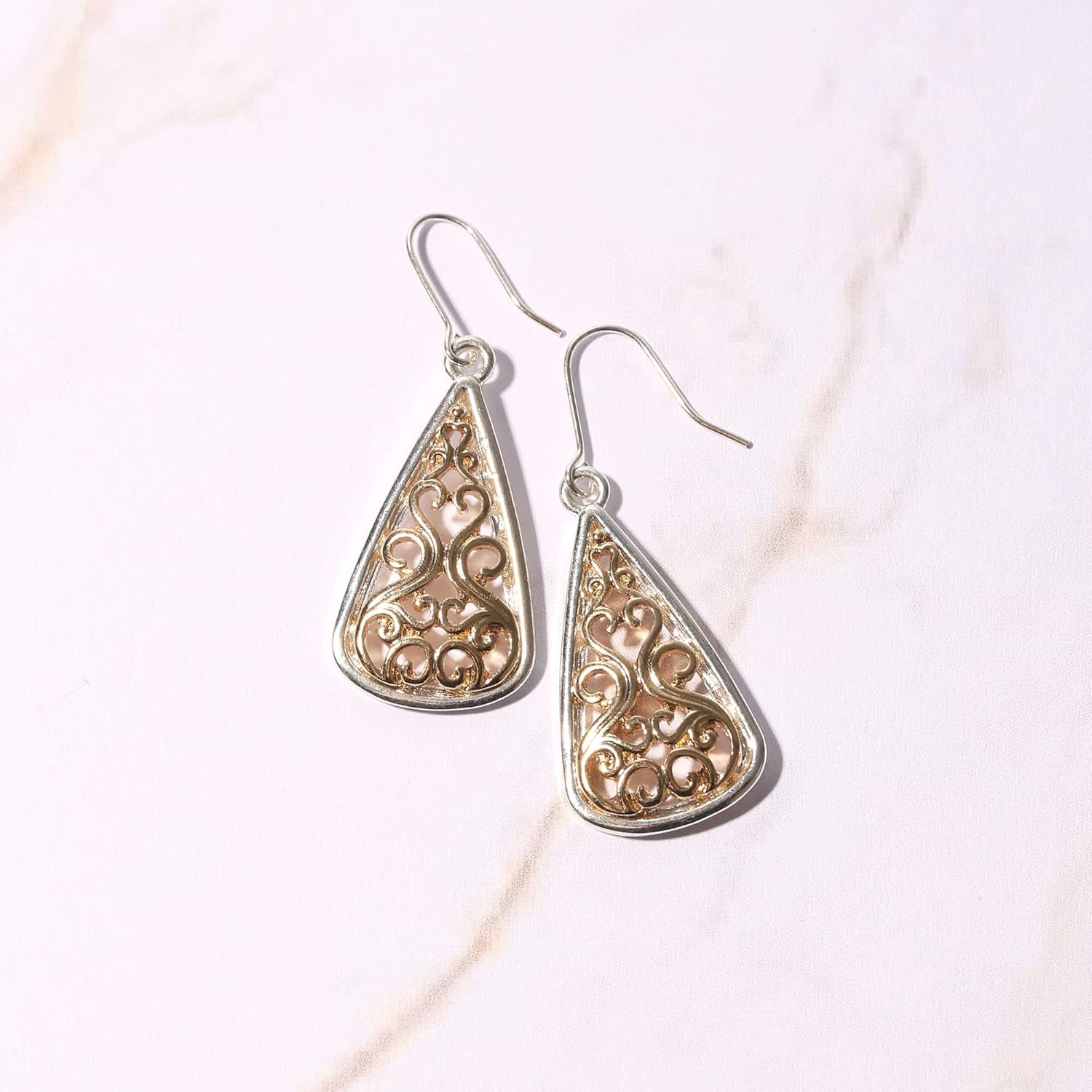 Bonaluna Boho Chic Gold & Silver Two Tone Filigree Triangle Dangle Drop Earrings for Women - Image 6