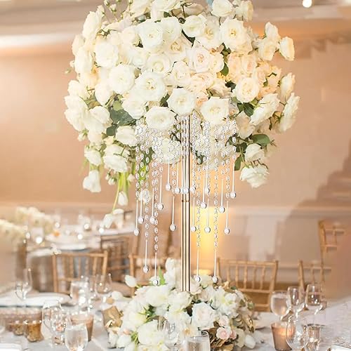 Miniatura 9 de 2 piezas de 21.7 pulgadas  21.7 in soporte de flores para mesas de boda, jarrones de metal con colgante de cristal, estantes de mesa dorados para