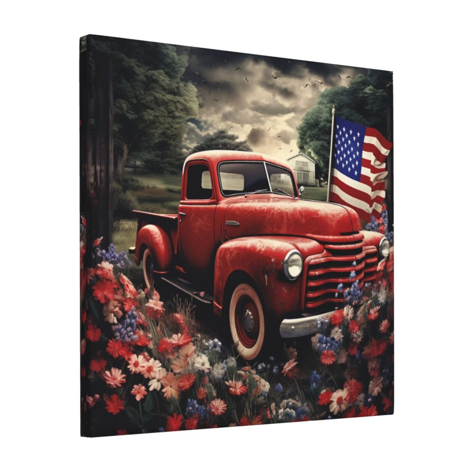 KLOPH 4th Of July Patriotic Old Red Truck Canvas Wall Art for Living Room 12"x12" Modern Artwork Painting for Bathroom Hanging Canvas Prints Aesthetic Wallart for Bedroom Kitchen Office Wall Decor