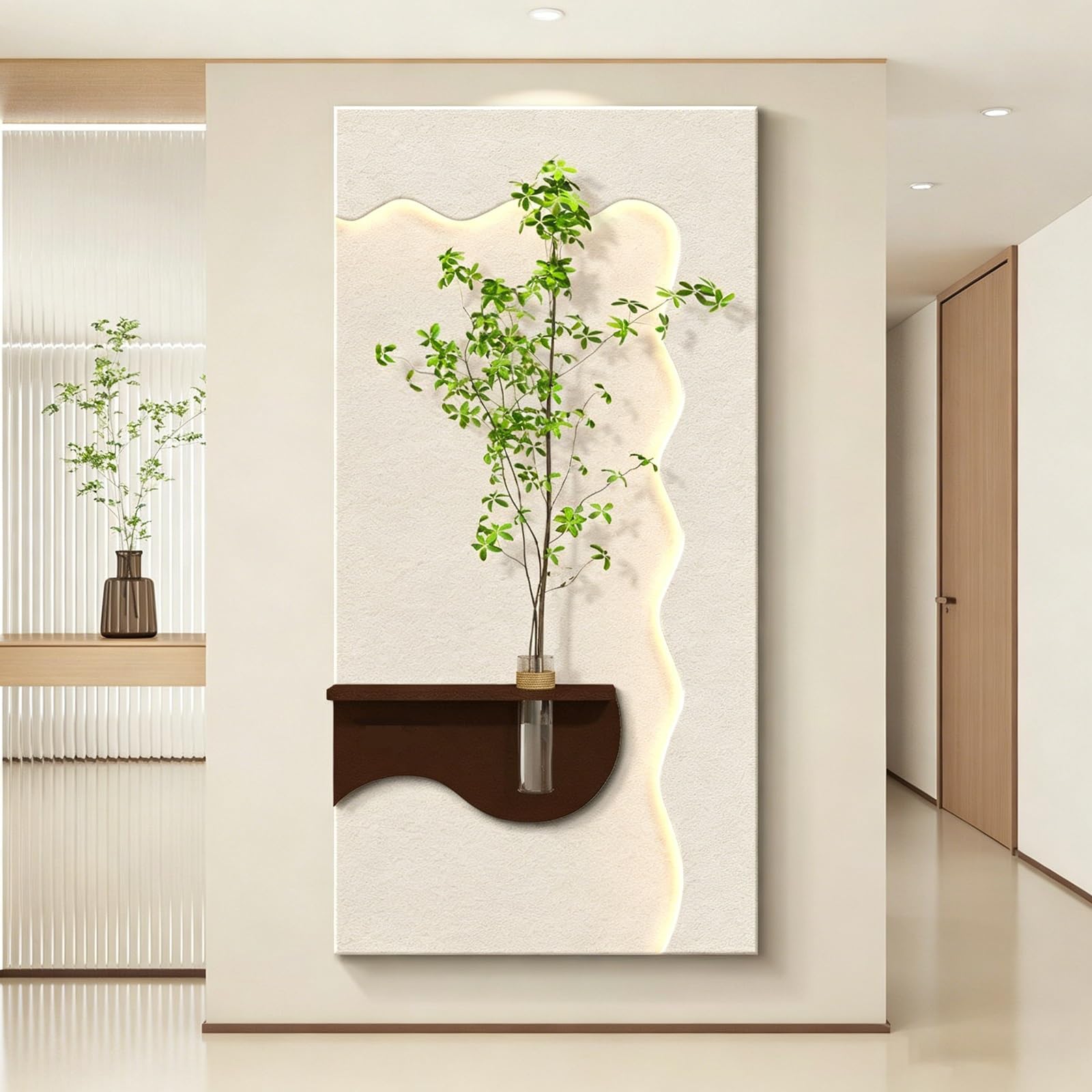ZCQMSCWW 3D LED Wall Art with Hydroponic Vase, Green Plant Holder Sandstone Finish Plug in Powered Living Room Bedroom Decor(D,160 * 80cm/62.9 * 31.5in)