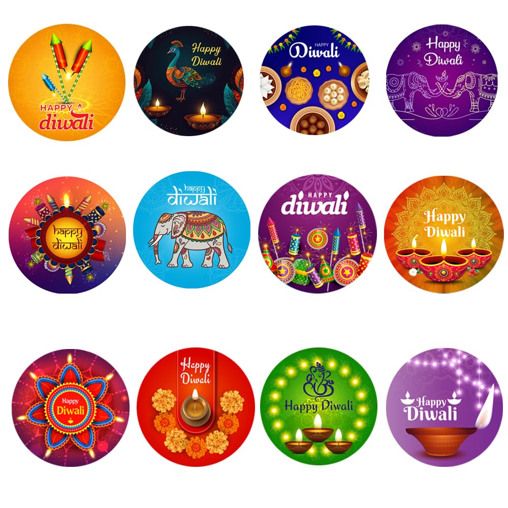 Papa Prints Pack of 48 Traditional Happy Diwali Stickers (45mm) Festival Party Sweet Bag Diwali Party Pack Diwali Decorations