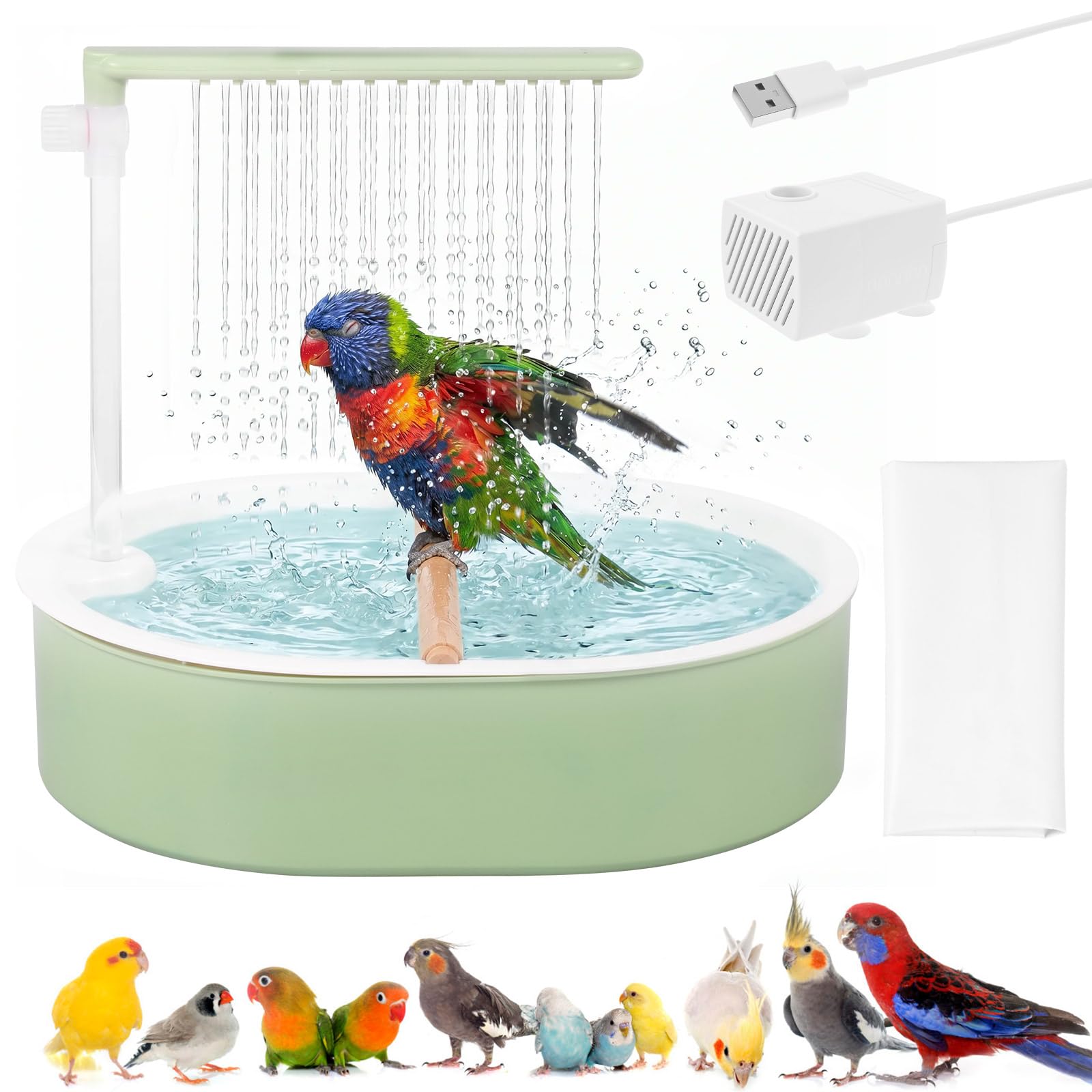 Parrot Bathtub, Automatic Bird Bath, Large Bird Shower Fountain with with Pump/Waterproof Cloth/Adjustable Water Flow for Pet Birds/African Grey/Cockatiel/Conure/Budgie/Lovebird(Straight Shower)
