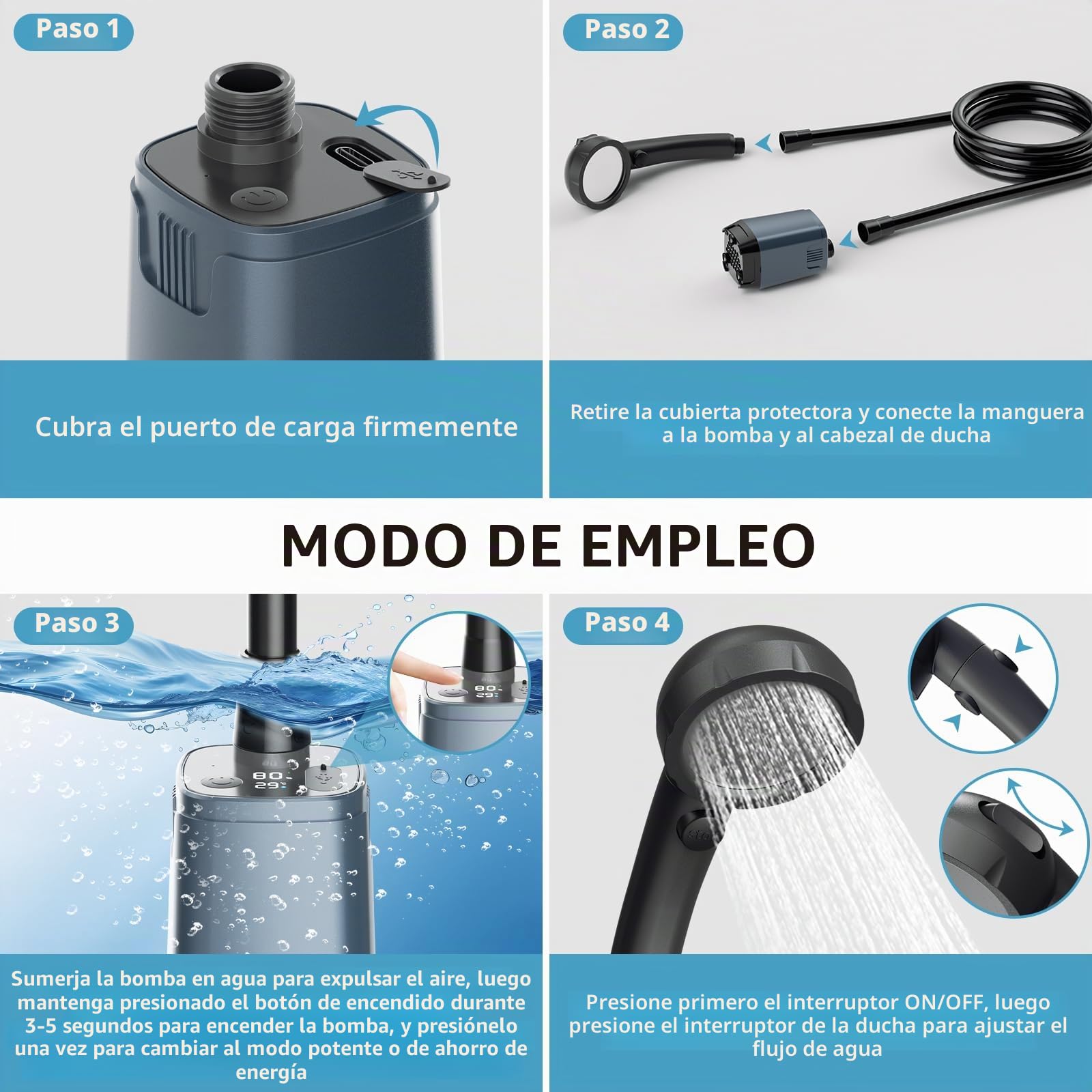 Ducha Portatil Camping,Pantalla Digital & 6000mAh Recargable Ducha Camper,IPX7,4 Modos de Ducha,Manguera de 2M para Acampar, Hacer Caminatas,Duchas al Aire Libre, Lavaderos de Coches