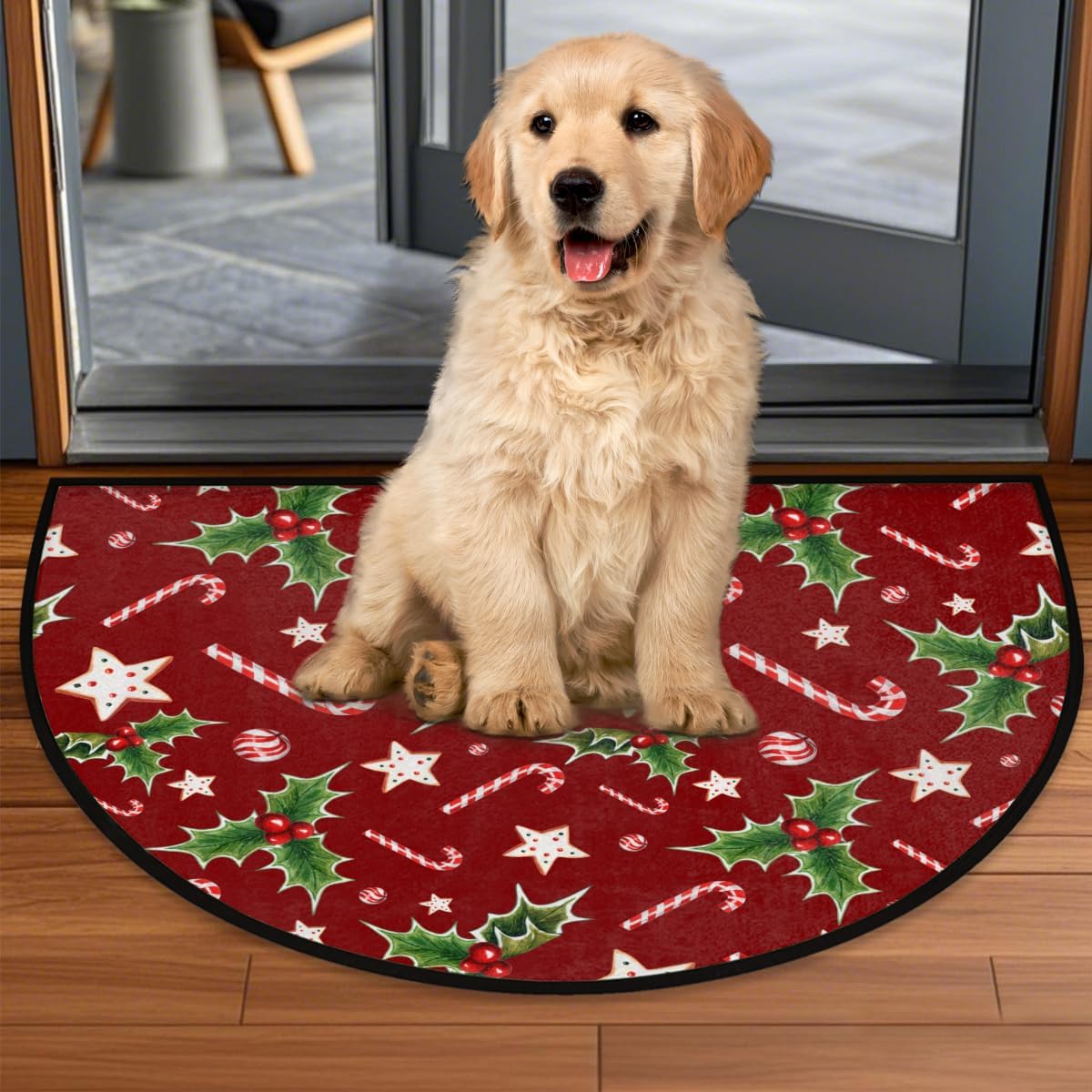 Christmas Half Round Door Mat Indoor Entrance Xmas Half Circle Area Rugs Non Slip Half Moon Rug Washable Candy Cane Semi Circle Bathroom Rugs Floor Carpet for Kitchen Bedroom Fireplace Decor