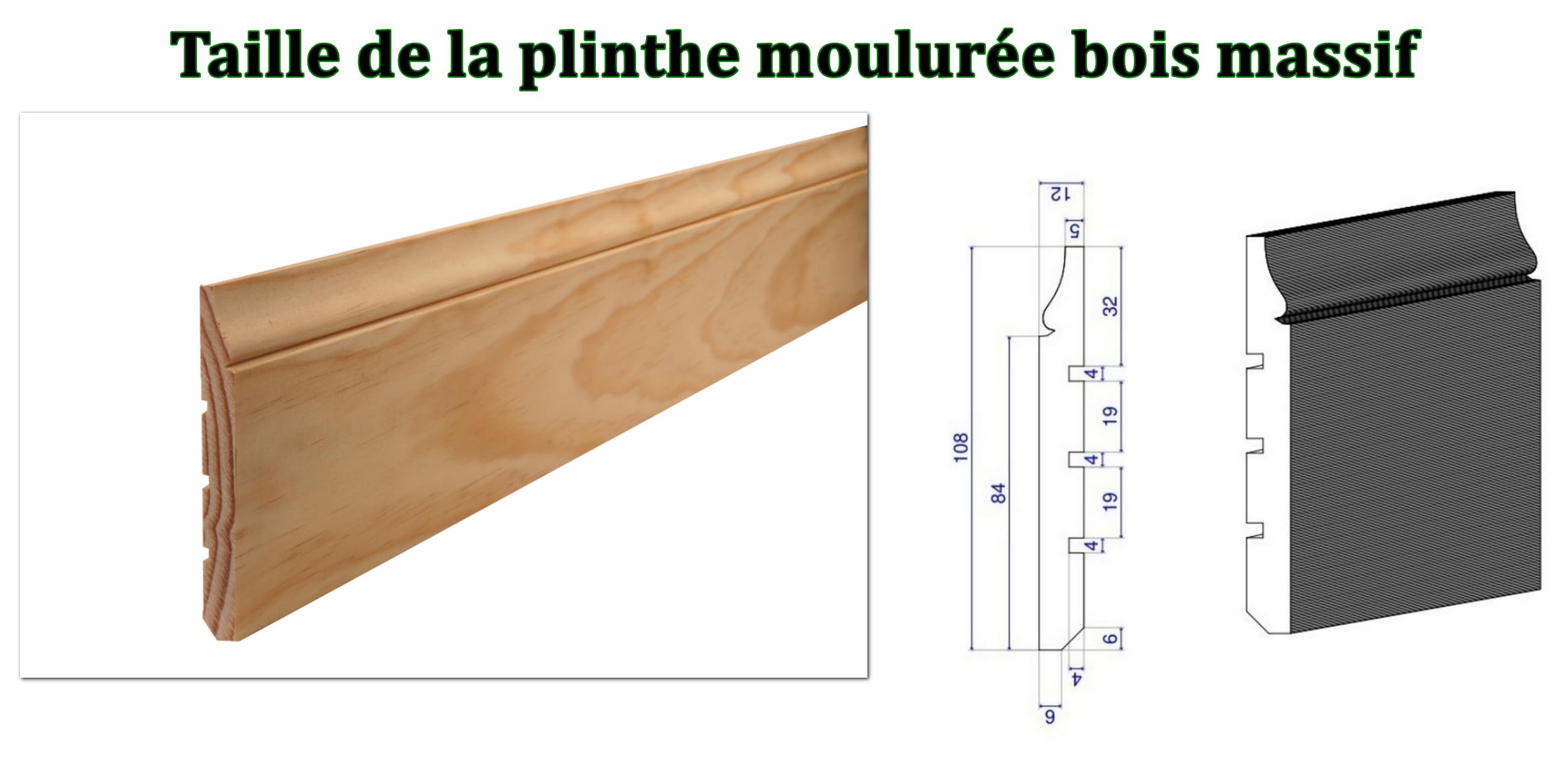 Battiscopa in legno modellato Luigi XV, battiscopa in pino naturale, senza nodi, fabbricazione francese, altezza 7 cm o 11 cm, MadeInNature (11 cm, 8 ml)