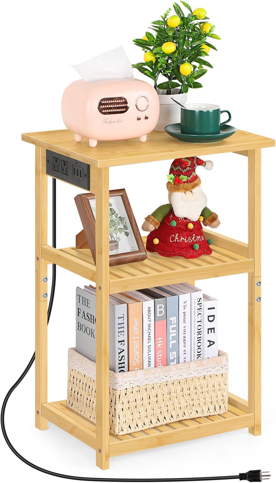 melos End Table with Charging Station, 3 Tier Bamboo Nightstands, Bedside Table with USB Ports and Outlets, End Table Side Table for Bedroom, Living Room, Nursery, Rustic Farmhouse