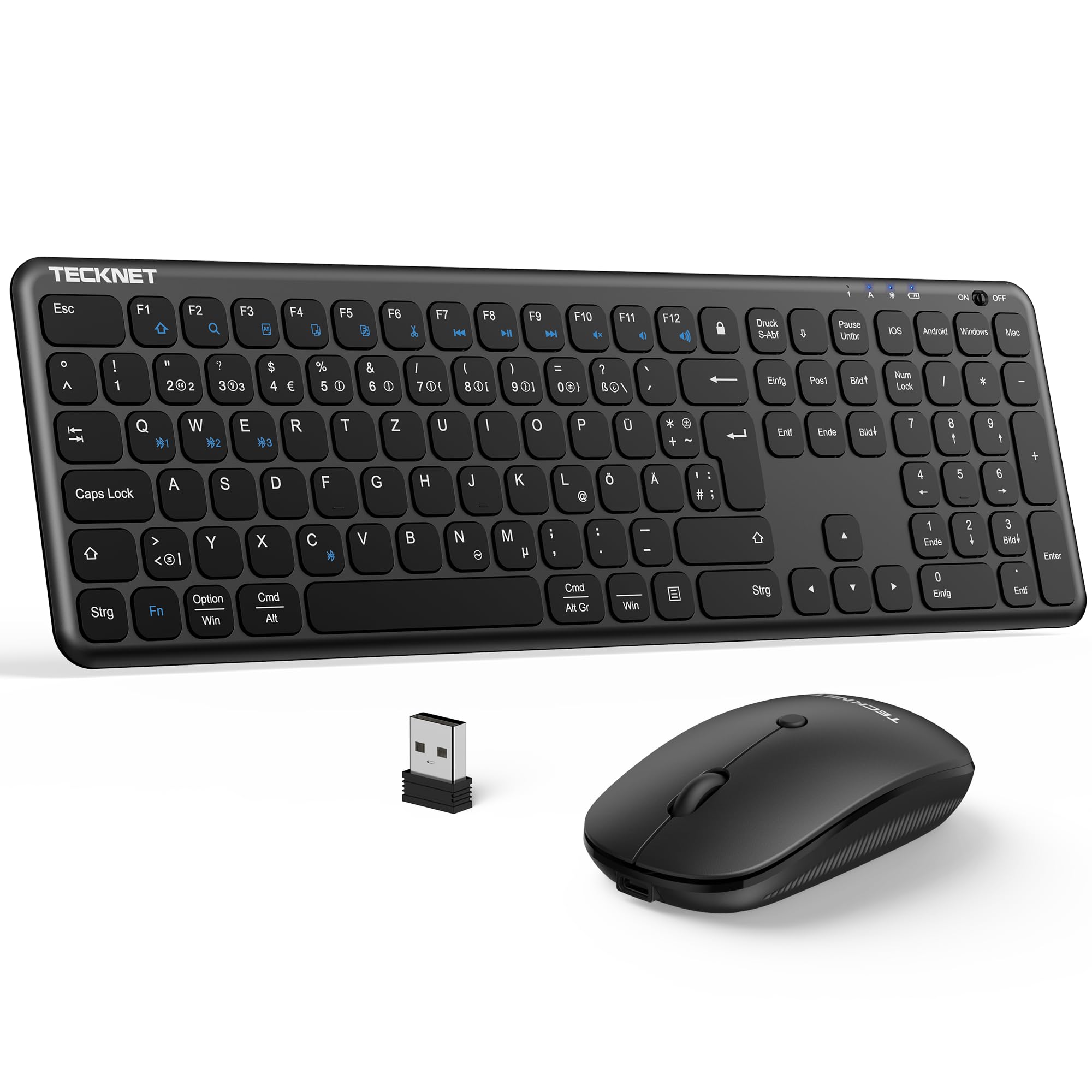 TECKNET Tastatur Maus Set Kabellos - Wiederaufladbare Ultradünne Bluetooth Tastatur mit Maus, Deutsches QWERTZ-Layout, 2.4 GHz Leise Funktastatur mit Maus für Mac, Windows, Laptop, PC