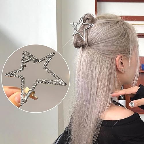 Miniatura 5 de Pinzas para el cabello de metal plateado para mujeres y niñas, elegantes y brillantes en forma de estrella de cinco puntas, horquillas para el