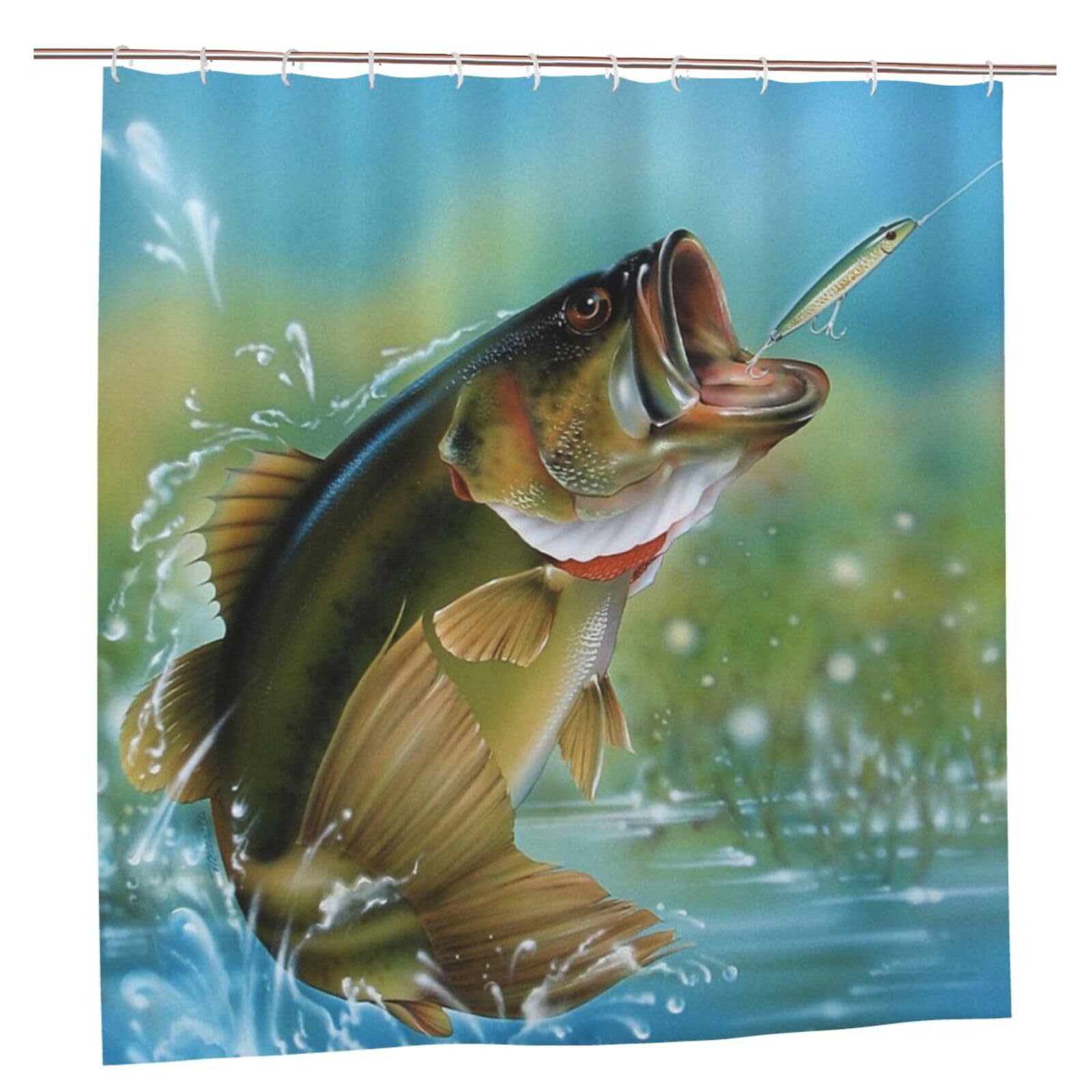 Oudrspo Bass Fishing Unique Designer Artwork Shower Curtain 72x72 Inch - Polyester Bathroom Decor with Metal Grommets