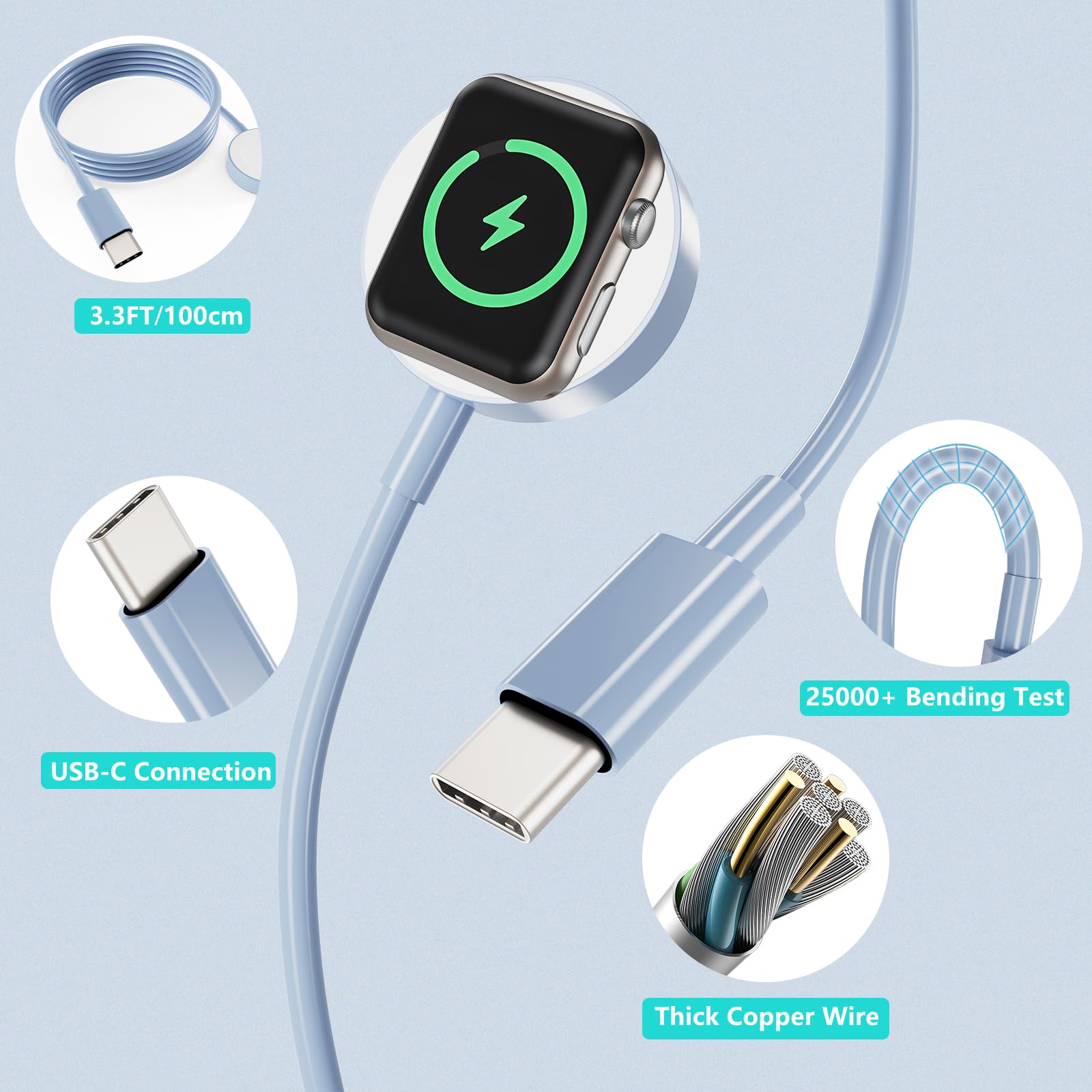 Confezione da 2 cavi di ricarica USB C per Apple Watch, certificato MFi, cavo di ricarica per iWatch da 0,9 m, compatibile con iWatch serie 10/SE 2/SE/9/8/7/6/5/4/3/2/1, blu