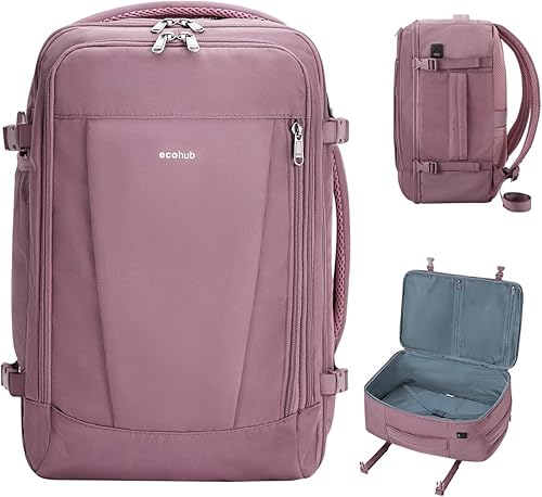ECOHUB Mochila de viaje para artículos personales con 13 bolsillos, bolsas de transporte para aviones, Rosado, Minimalista