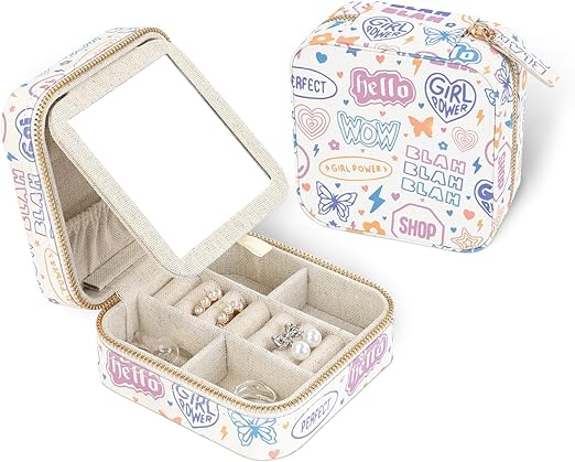 HDE Girl's Travel Jewelry Case Faux Leather Mini Organizer Box with Mirror Gift - Girly Stickers