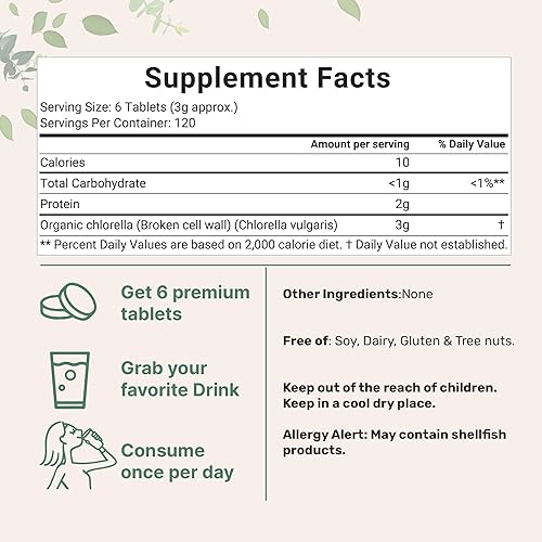 Miniatura 3 de Tabletas orgánicas de Chlorella, 500 mg por tableta, 720 pestañas (11.64 onzas), suministro de 4 meses, pared celular rota, rica en proteínas