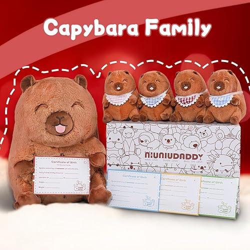 Miniatura 8 de Niuniu Daddy Juego familiar de 5 animales de peluche Capybara de 13 pulgadas, peluche de mamá Capybara con 4 juguetes para bebés en el interior, 5