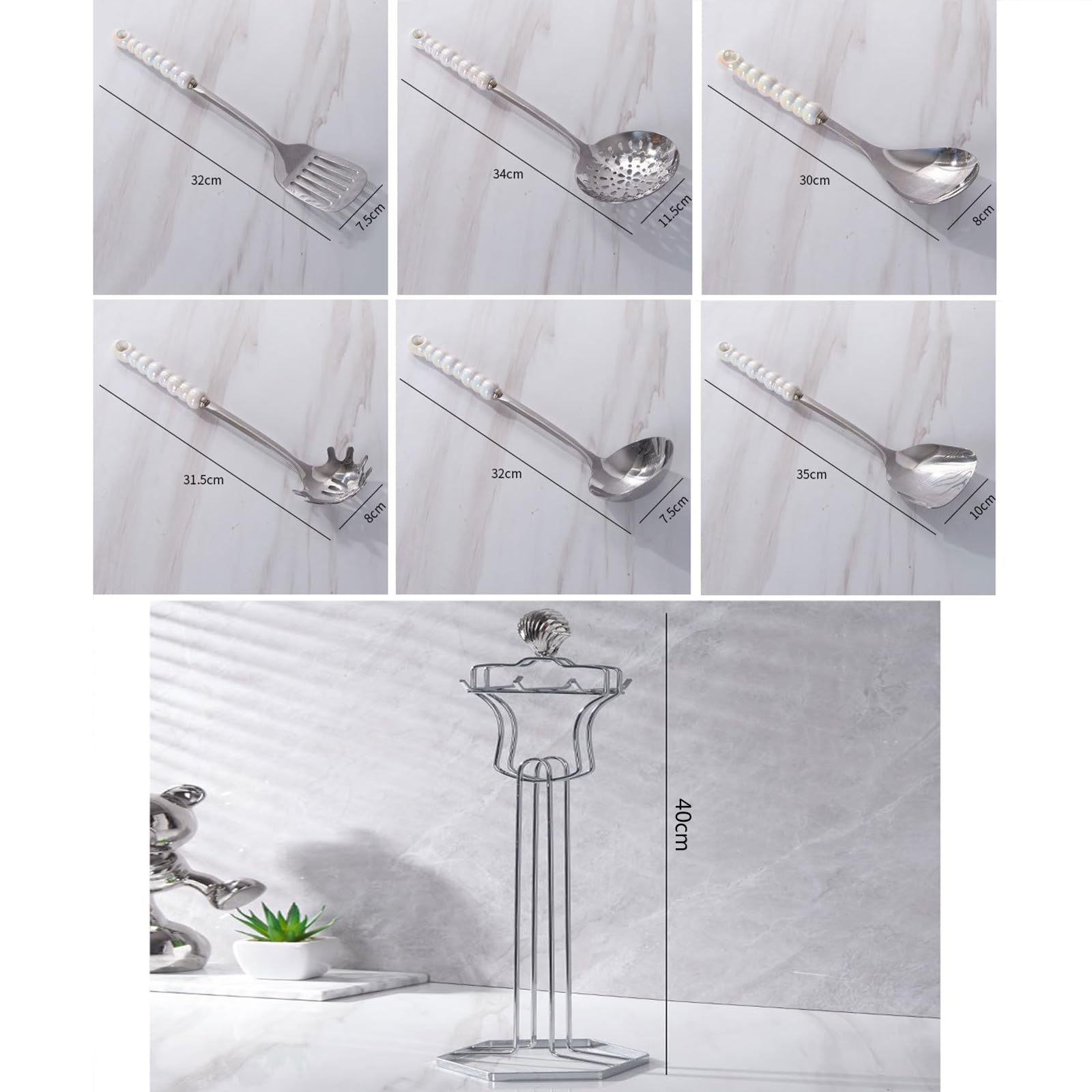 Juego De Utensilios De Cocina De Acero Inoxidable con Soporte, 7 Piezas, Juego De Utensilios De Cocina De Metal, Utensilios con Mango De Cerámica Resistente Al Calo