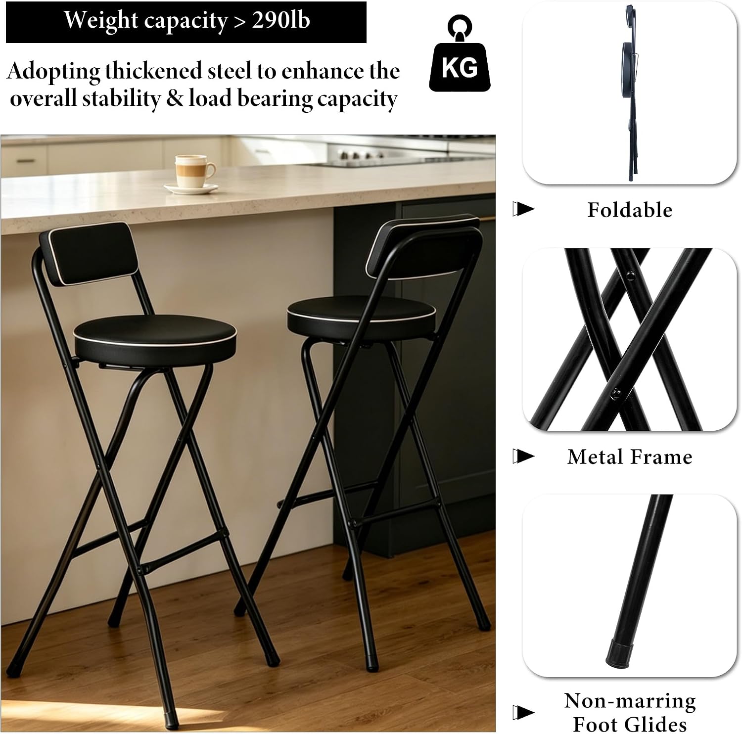 Folding Bar Stool Tall Folding Stool Foldable Stool Portable | Collapsible Chairs for Adults Comfortable Sturdy, Space-Saving Storage, 300lb (1 PCS, Black / Seat Height 29.5")