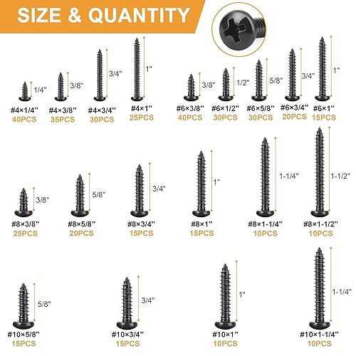 Miniatura 2 de VIGRUE Juego de 410 tornillos de madera de acero inoxidable negro #4#6#8#10 Phillips Tornillos de chapa metálica de cabeza plana Tornillos de madera