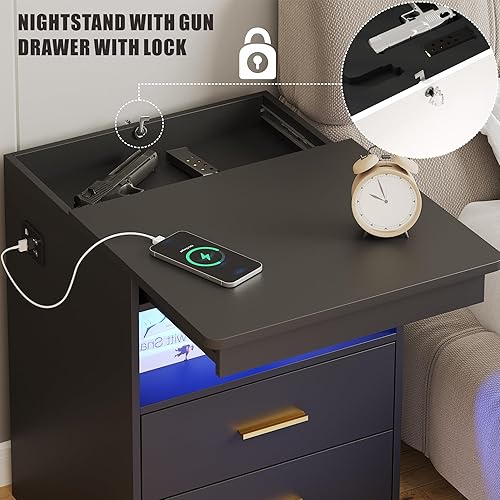 Miniatura 3 de Mesita de noche con cajón para armas, mesa de noche con puerto USB y tipo C, mesita de noche LED con diseño de sensor humano, mesa auxiliar moderna
