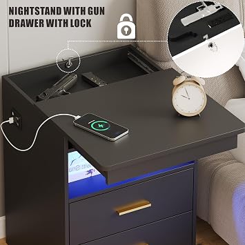 FREDEES Bedside Table with Hidden Drawer for Bedroom, Black | Charging Station, 3-Color LED Lights, Human Sensor Design, Ample Storage Space, Easy to assemble