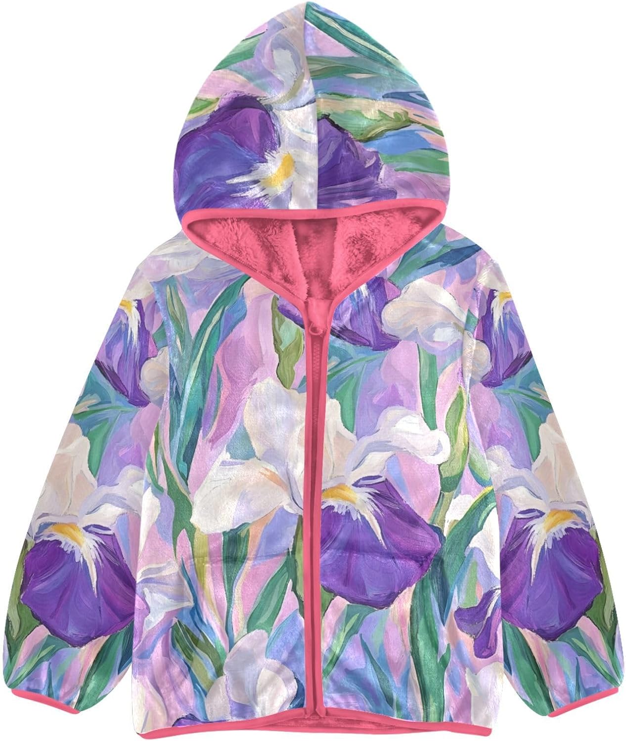 ALAZA Iris Flower Two Hoodie Jacket for Girls Toddler Fleece Zip Up Coat Plush Jacket Long Sleeve Outerwear for 3 Years