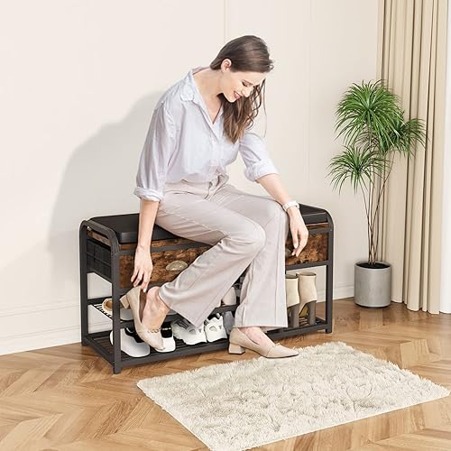 Miniatura 6 de Homeiju Banco de entrada de 3 niveles, banco de almacenamiento de zapatos con asientos y cajones acolchados, banco de metal de 35.5 pulgadas, color