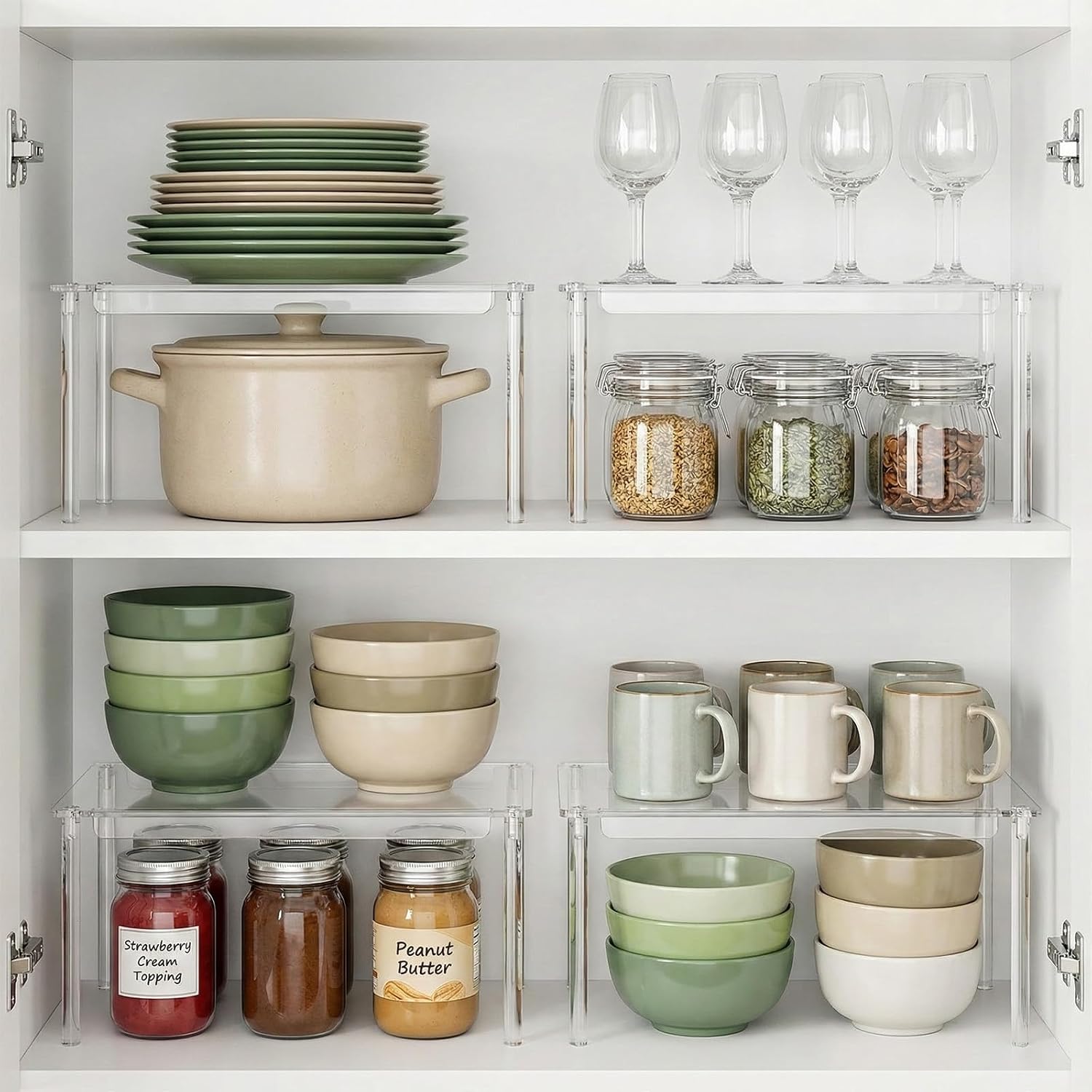 4 Pack Clear Kitchen Cabinet Organizer, Stackable Acrylic Tiered Spice Organization Display Shelf for Cabinet Shelf Desk Countertop Organizer