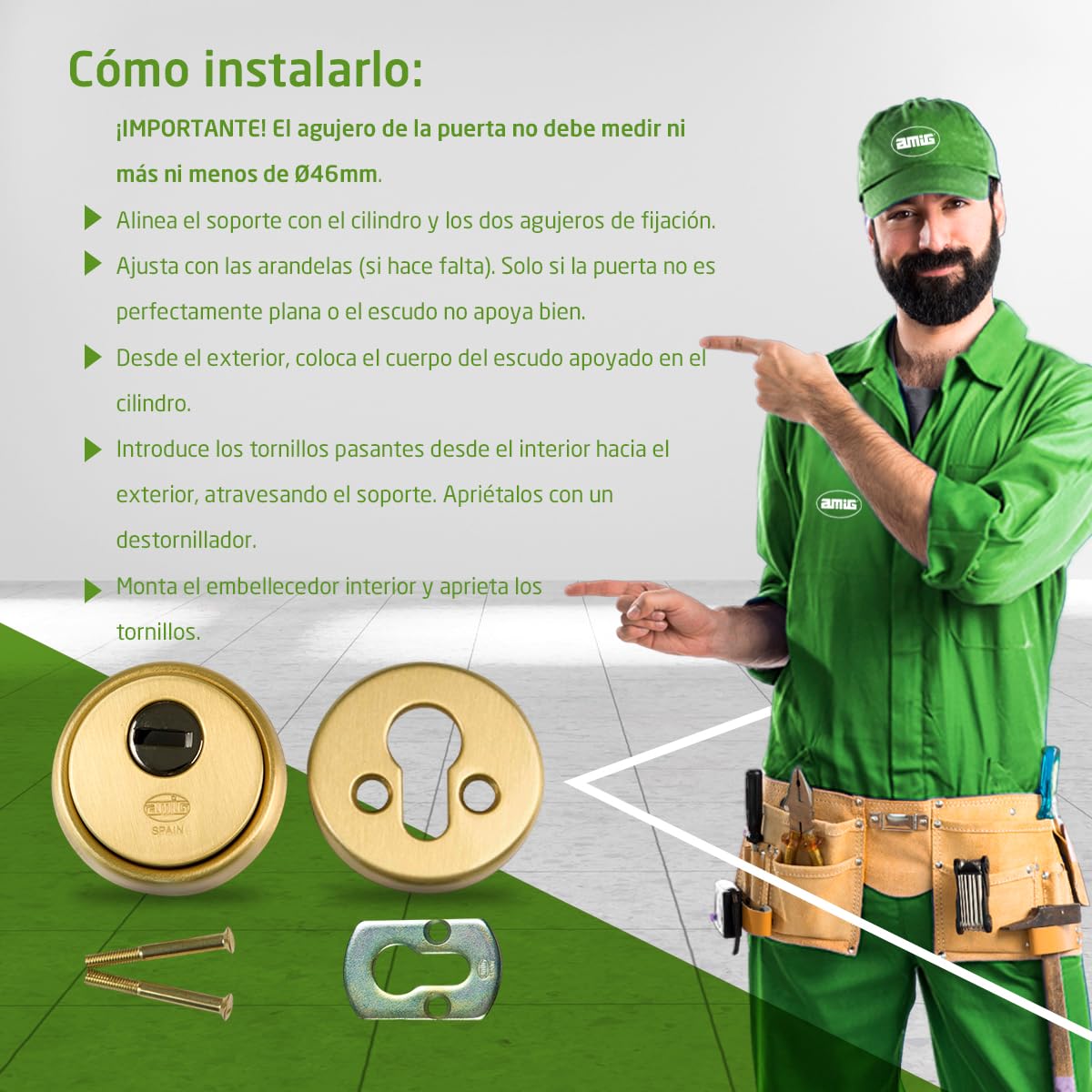 Amig - Escudo de seguridad Mod. 30 - Latón - Dorado - Anillo exterior macizo - Ø65 mm - Con placa antitaladro - Con tornillos y soporte - Para cilindro Europerfil EN1303 - Cuerpo acero sinterizado