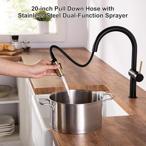 Miniatura 5 de Darnok 79721BX Luca - Grifo para fregadero de cocina con rociador extraíble, negro matedorado de lujo