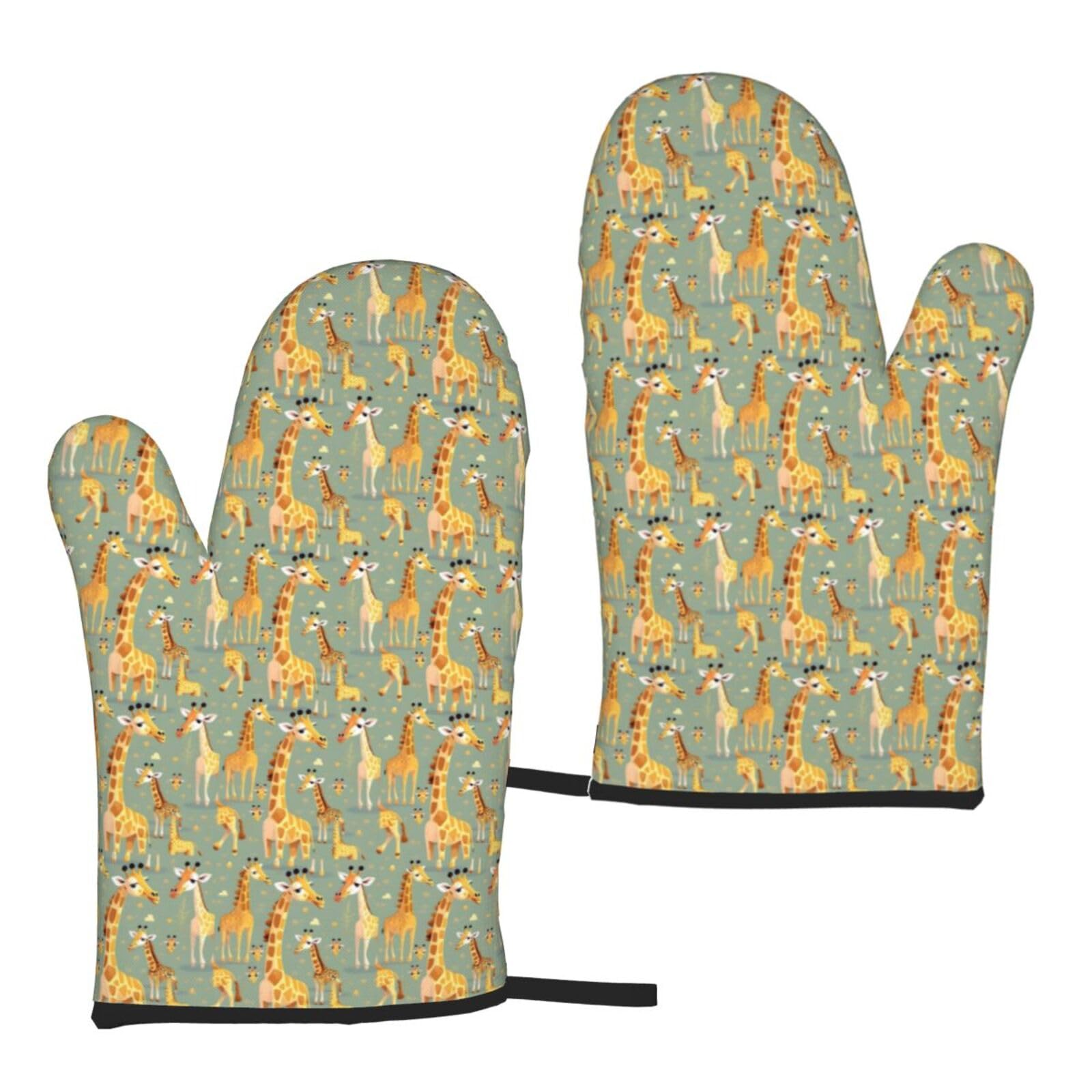 Cute Wild Cartoon Giraffes Print Heat Resistant Universal Fit Oven Microwave Gloves Home Cooking Baking Grilling