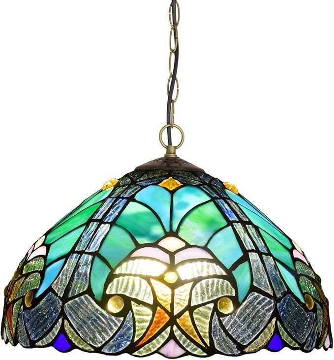 BAJEKO Tiffany Tegenhanger Licht Inrichting voor Eetkamer, 12 inch Barok Stijl Groen Gebrandschilderd Glas Hangende Lamp voor Keuken Eiland Bar Hal Woonkamer Slaapkamer