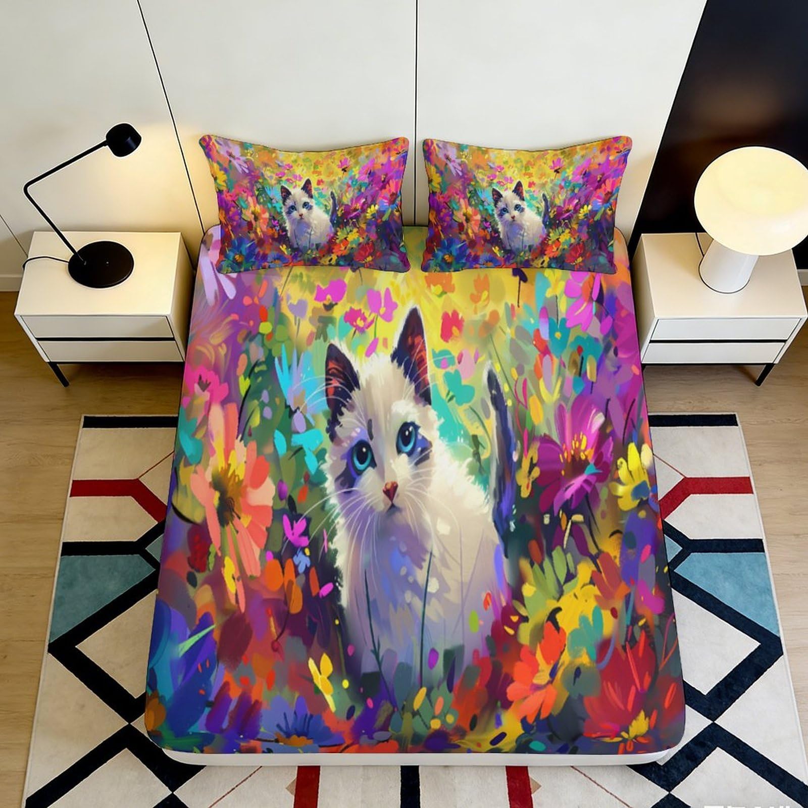 3D Printed Artistic Cat Fitted Sheet Microfiber Non-Slip Deep Pocket Home Bedding Artistic Cat Mattress Fitted Cover 140x200x25cm