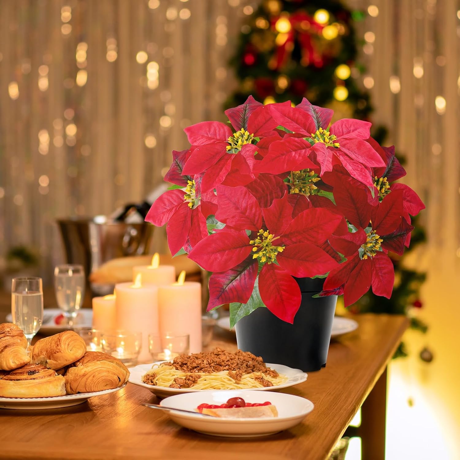 14" Poinsettias Artificial Christmas Flowers 9 Heads Faux Poinsettia Plants for Home Porch Garden Office Indoor Outdoor Christmas Decorations Hot Red