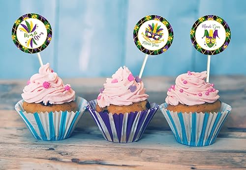 Miniatura 3 de Decoraciones redondas para cupcakes de Mardi Gras, flor de lis, decoración de postres para tartas de postres de Nueva Orleans, mascarada, carnaval,