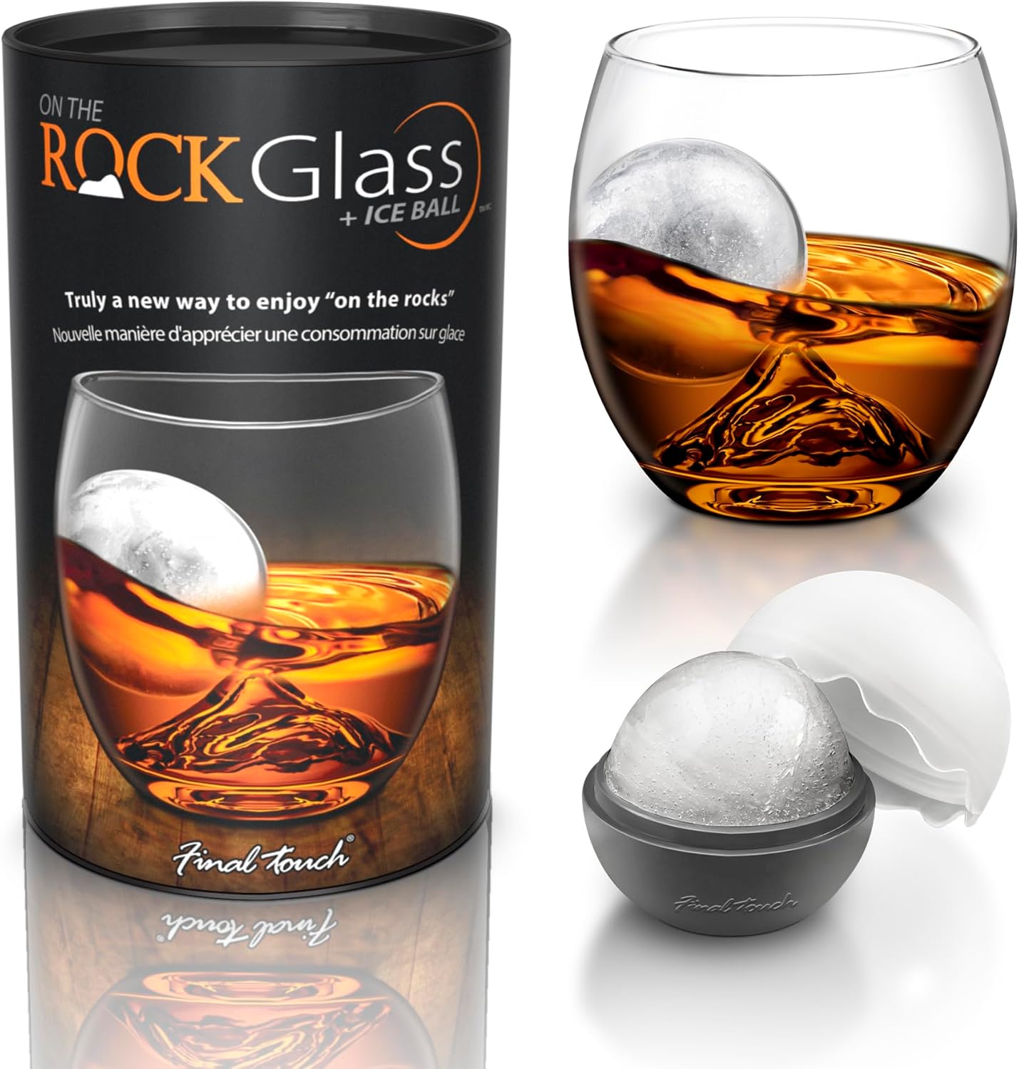 Final Touch On The Rock Glass with Ice Ball Mold - Elevate Your Whiskey, Scotch & Bourbon Experience | Enhanced Aromas, Long-lasting Ice, Generous Capacity (GS300)