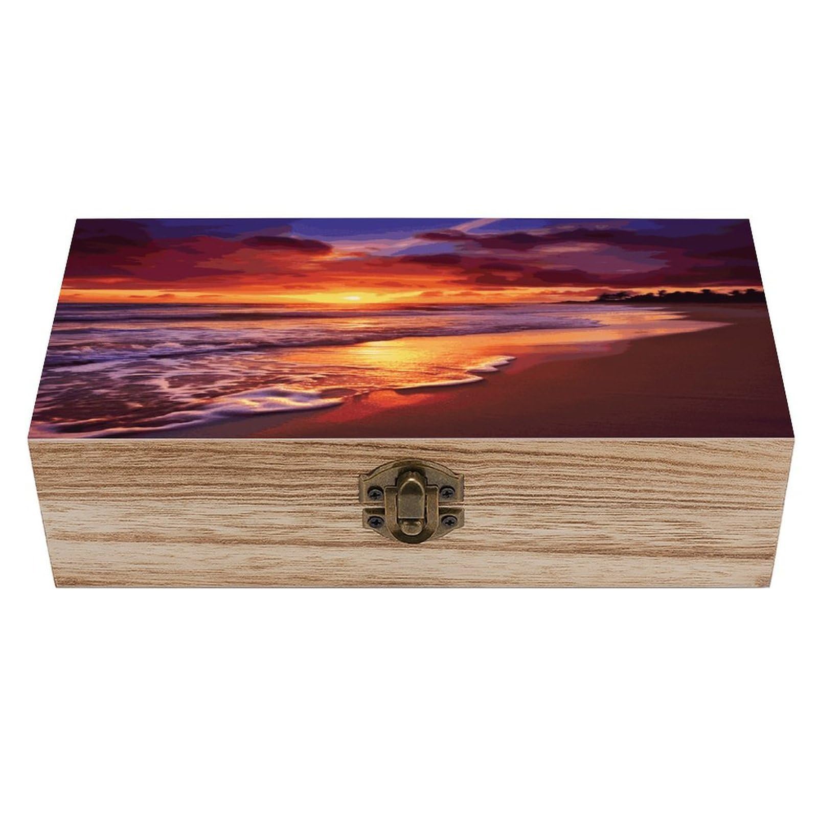 FekiLoot Beautiful Beach Sunset Wooden Storage Box Rustic Jewelry Box with Hinged Lid Large Jewelry Storage Case Beautifully Keepsake Boxes Unique Gift Ideas for Men & Women