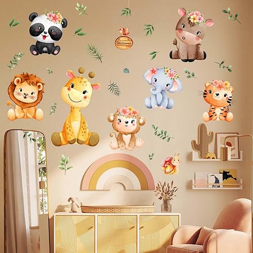 Miniatura 3 de Amimagen Calcomanías de pared de animales de bebé de la selva, mono, elefante, león, tigre, jirafa, panda, decoración de pared para habitación de