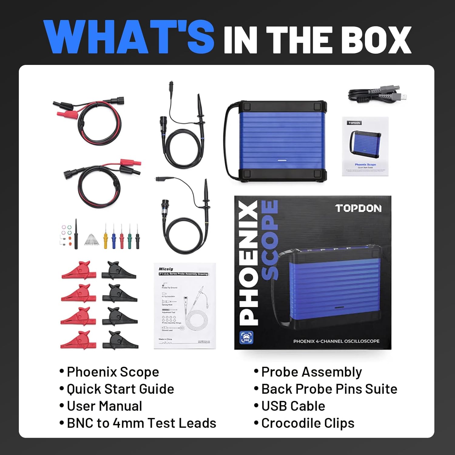 TOPDON Phoenix Scope, 4 Channel Oscilloscope with Accessories, Works with Phoenix Max/Smart/Elite Diagnostic Tools, 23 Auto Measurements & Waveform Analysis