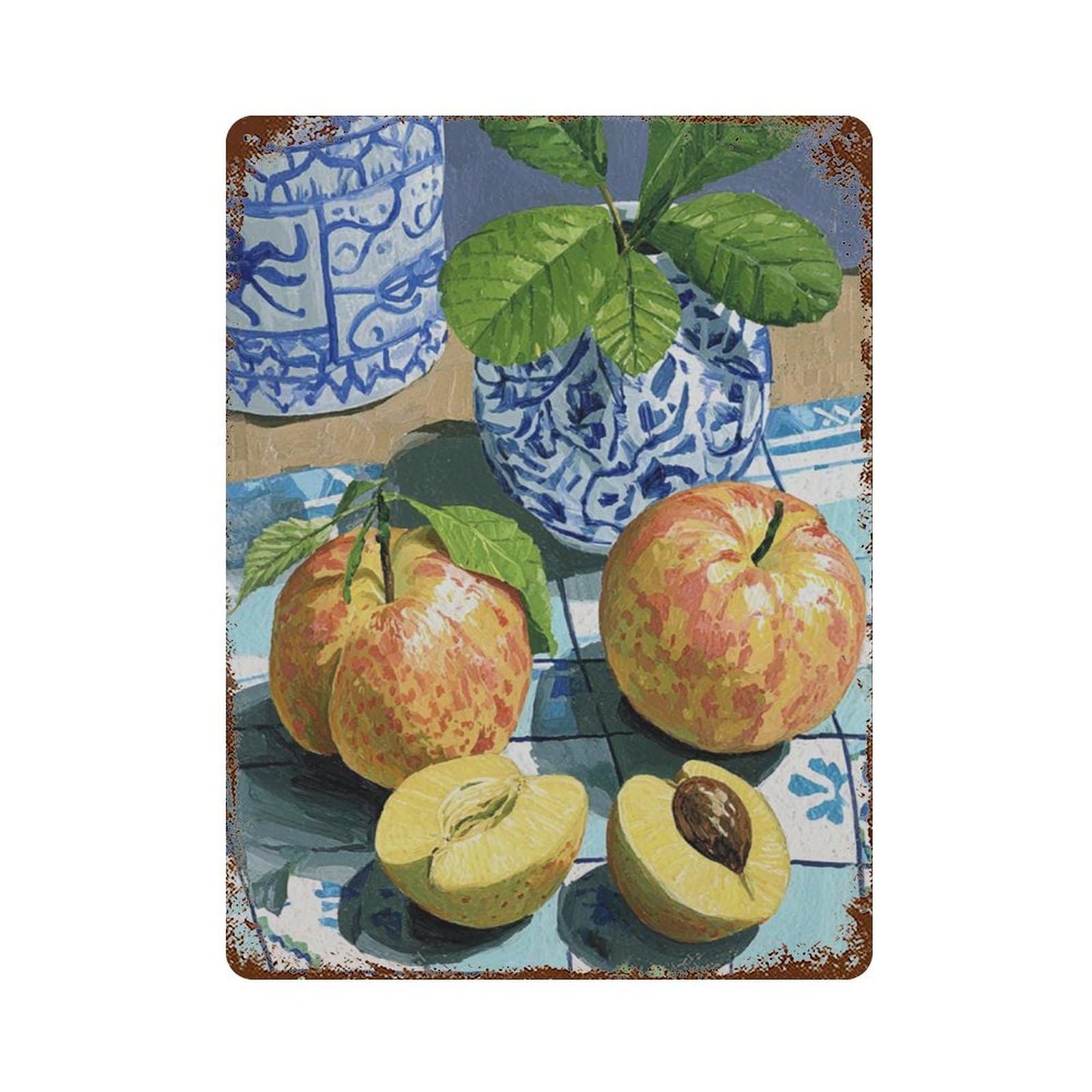 xiaoxiaoshen Peaches And Plums Still Life Mediterranean Ceramic Bowl Fruit Colourful Kitchen Wall Decor Art Metal Tin Poster Modern Home Decor Art Home Bar Shop Decorations Vintage Sign 40x30cm