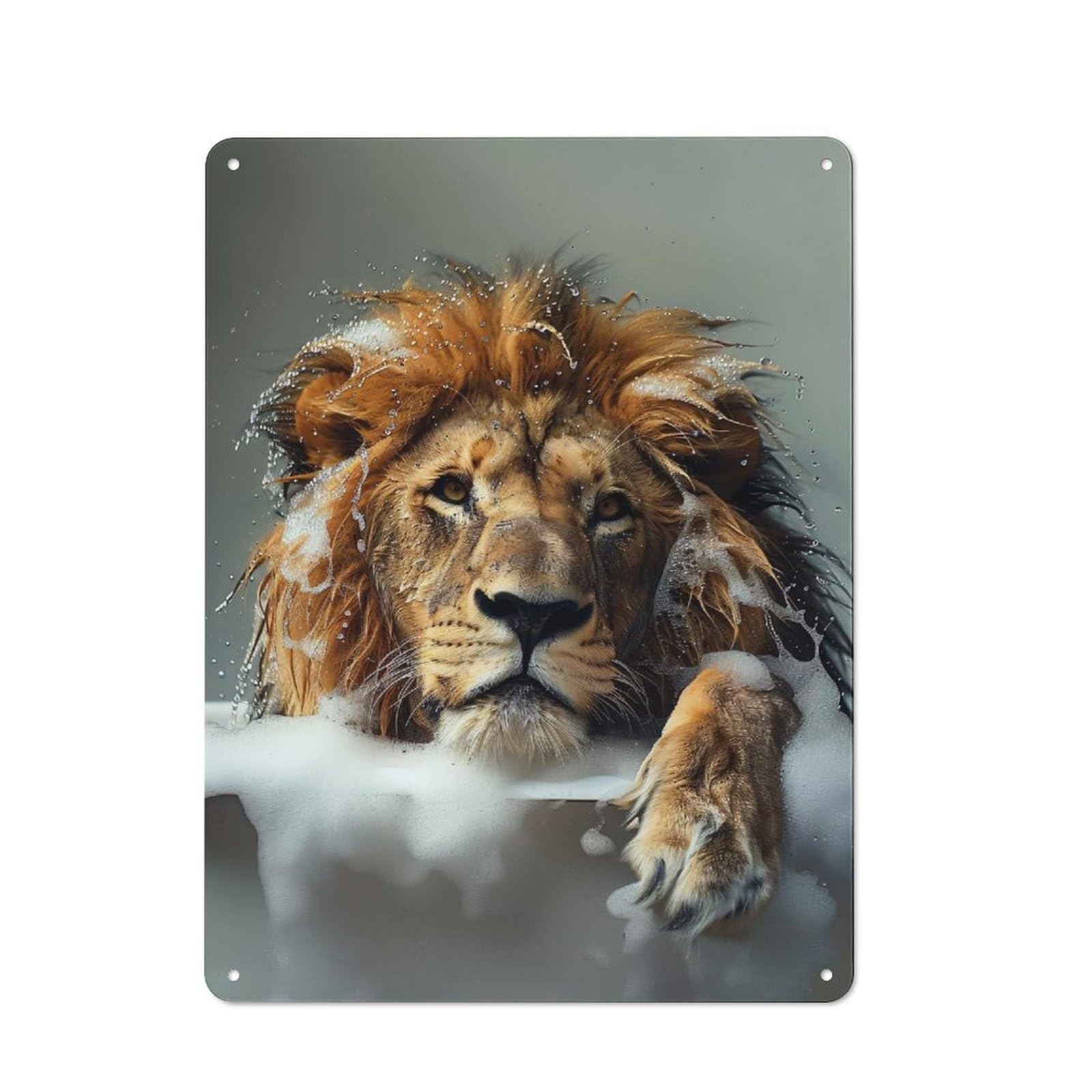 Junmoney Style-10 Tin Wall Plaque 40X30cm With Lion In A Bubble Bath For Hobby Room Or Studio, For Themed Interiors In Hobby Rooms And Studios