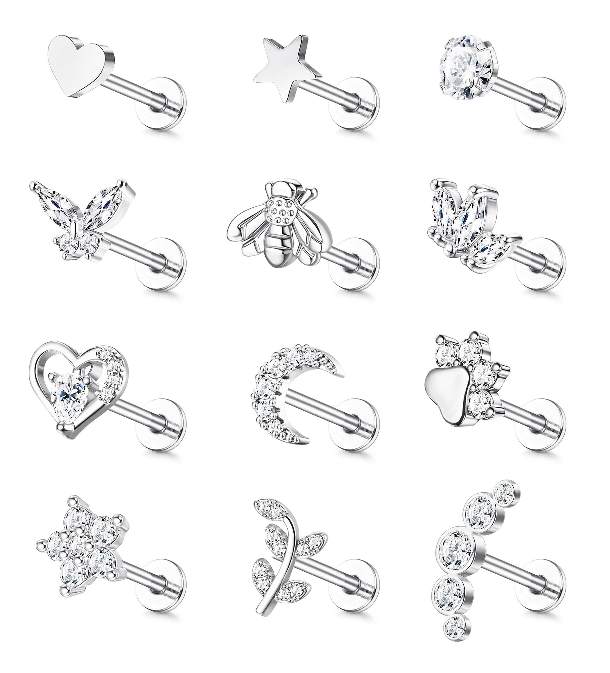 JeweBella 12 Piezas 16G Pendientes Cartílago Helix para Mujer Hombre Acero Quirúrgico Rosca Interna Circonita Luna Corazón Estrella Hoja Piercing Labret Nariz Helix Tragus Plata/Oro
