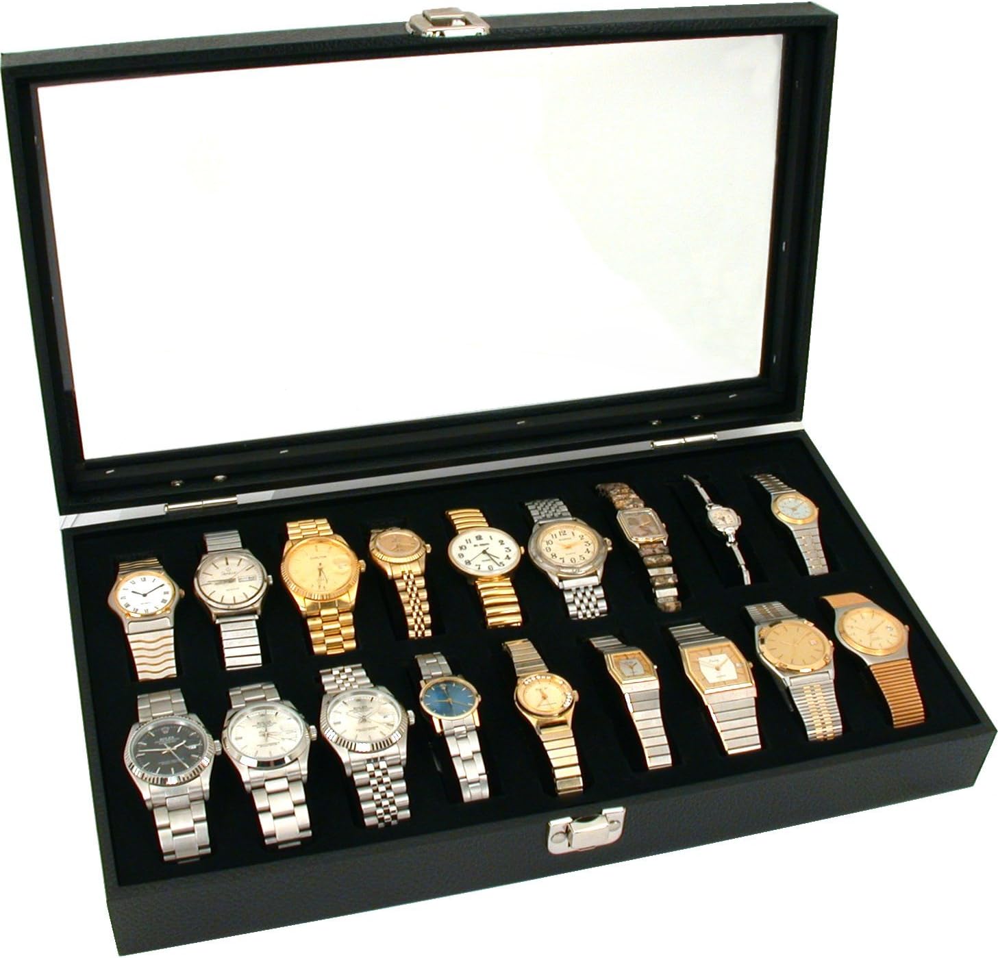 18pc Black Watch Travel Tray Showcase Display Case Unit W/Glass Top