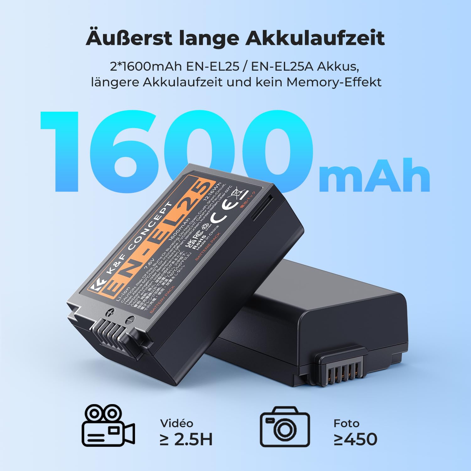 K&F CONCEPT EN-EL25 Ersatzakku 2er-Pack mit LCD Dual Slot Ladegerät, Kompatibel mit Nikon Z30 Z50 ZFC Z50ii Kameras