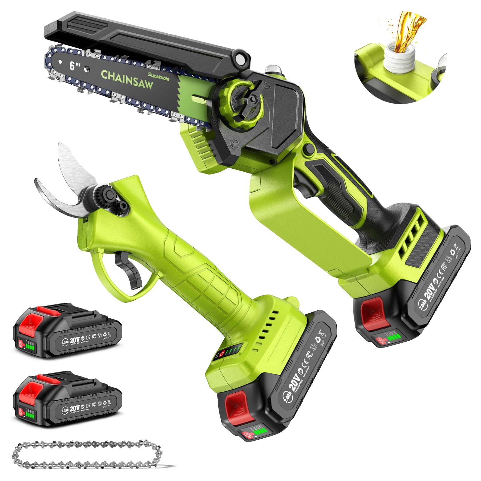 Supstable Mini Motosierra a Batería 6 Pulgadas & Tijeras de Podar Eléctricas 33 mm, 2-en-1 Kit Herramientas de Jardín con 2 × 2000 mAh Baterías, Motor Brushless, Ideal para Corte de Troncos y Ramas