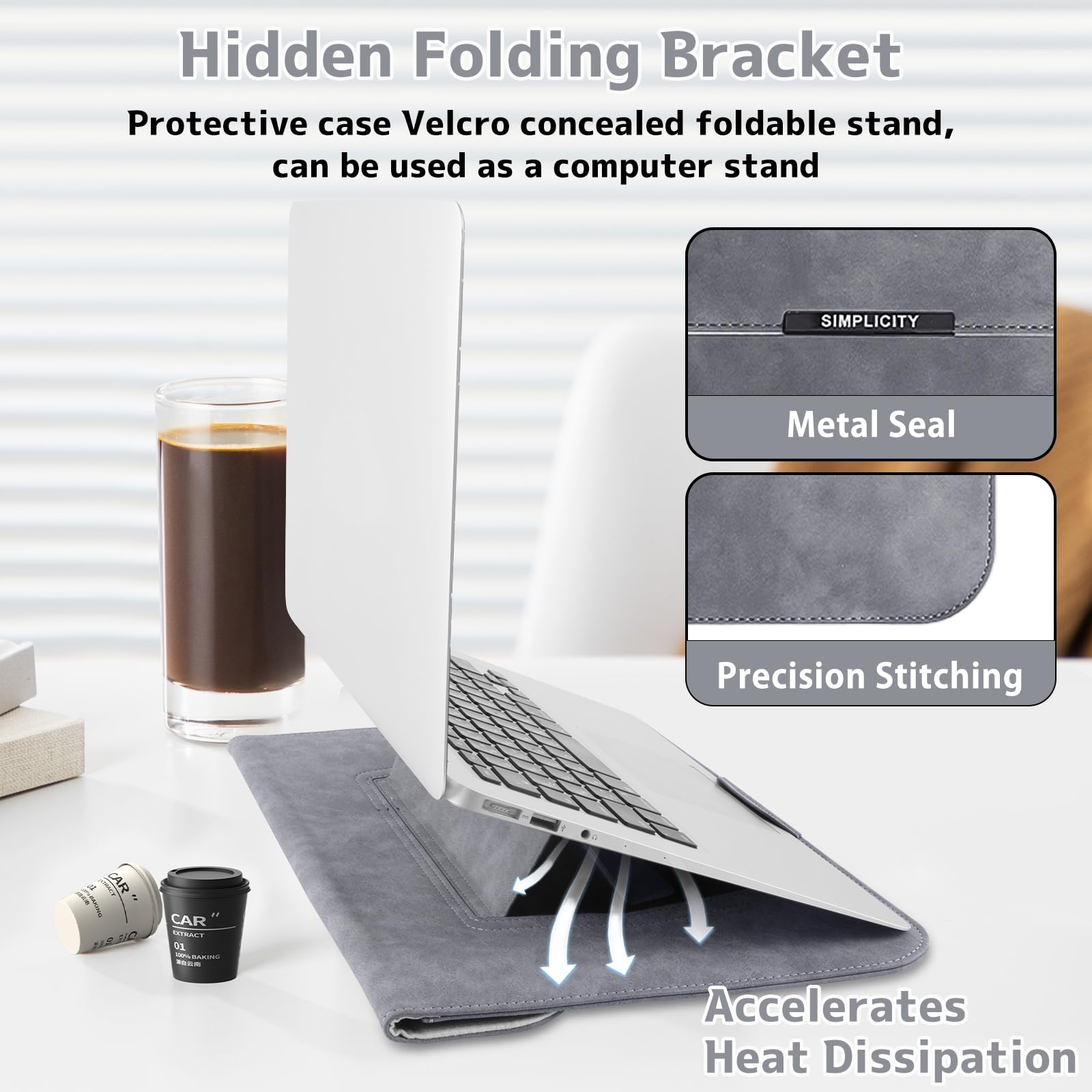 Housse pour Laptop avec Stand 13-14 Pouces PU Cuir pour MacBook Pro 13" 14" M5/M4/M3/M2/M1 Pro/Max, MacBook Air 13" 13,6" M5/M4/M3/M2/M1 - Gris