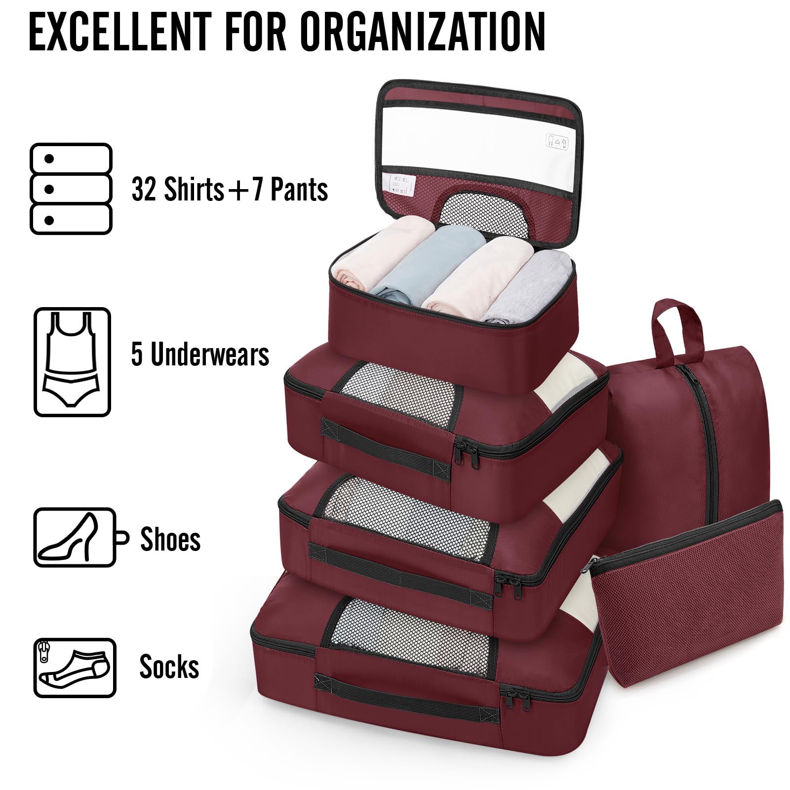 Veken 8 Set Packing Cubes for Travel Essentials,Anti-Wrinkle Buckled Suitcase Organizer for Shoe & Toiletry Bag,Carry On Luggage Bag with 99+ Count Mesh Holes for Airplane & College Dorm Accessories view 5