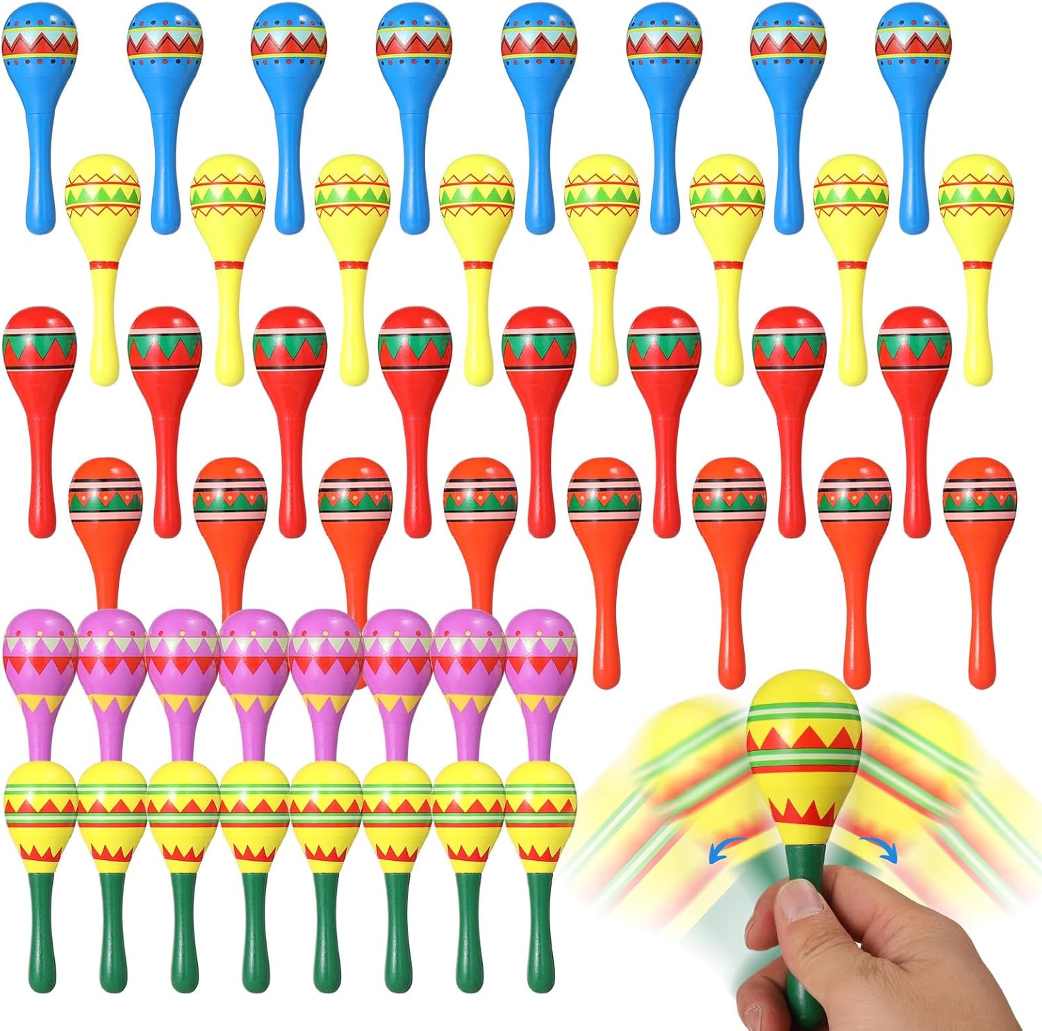Multi-Colored Wooden Maracas, 4.5 Inches, Lightweight Noisemaker Design, Music Fun, Adult Mexican Party Props, Birthday Carnival Party Favors, 48 Pcs