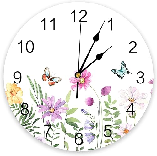 Wildflower - Reloj de pared de cloruro de polivinilo con diseño de mariposa, silencioso sin tictac, funciona con pilas, reloj redondo floral de
