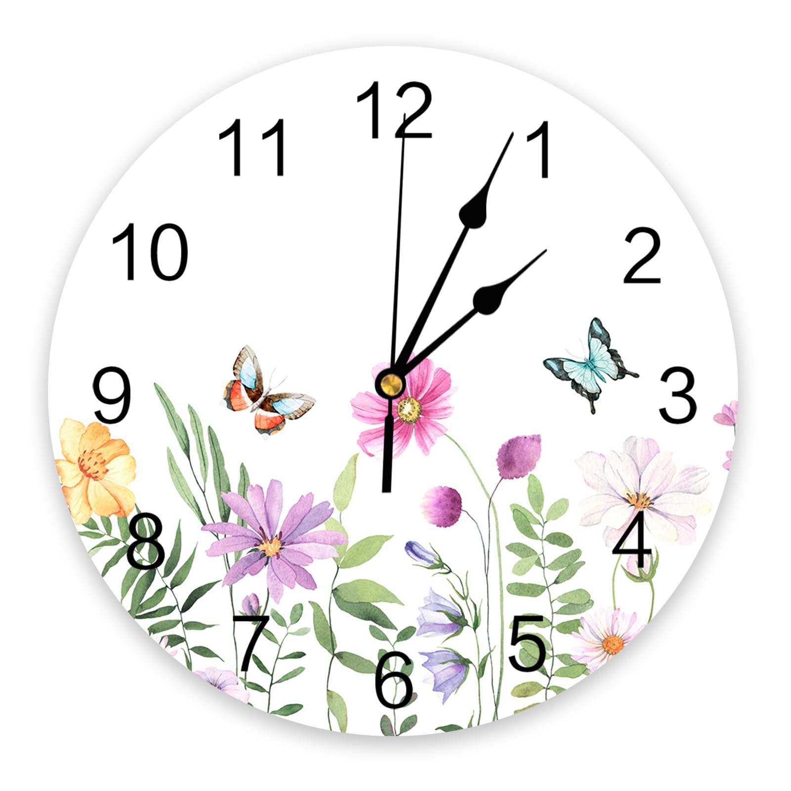 Wildflower Butterfly PVC Wall Clock Silent Non-Ticking Battery Operated Clocks, Spring Floral Round Clock for Home Living Room Office School Kitchen Bedroom Bathroom Wall Decor 12 Inch Summer Flowers
