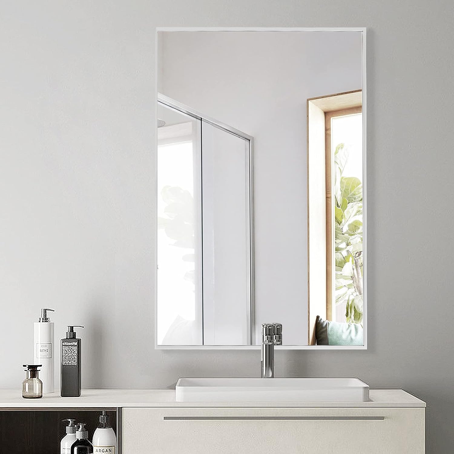 KOONMI Bathroom Mirror 30"x20" Wall Mirror Rectangular Wall-Mounted Mirror for Bathroom with Aluminum Alloy Frame Hangs Horizontal or Vertical Ideal for Bedroom Living Room, Sliver : Home & Kitchen